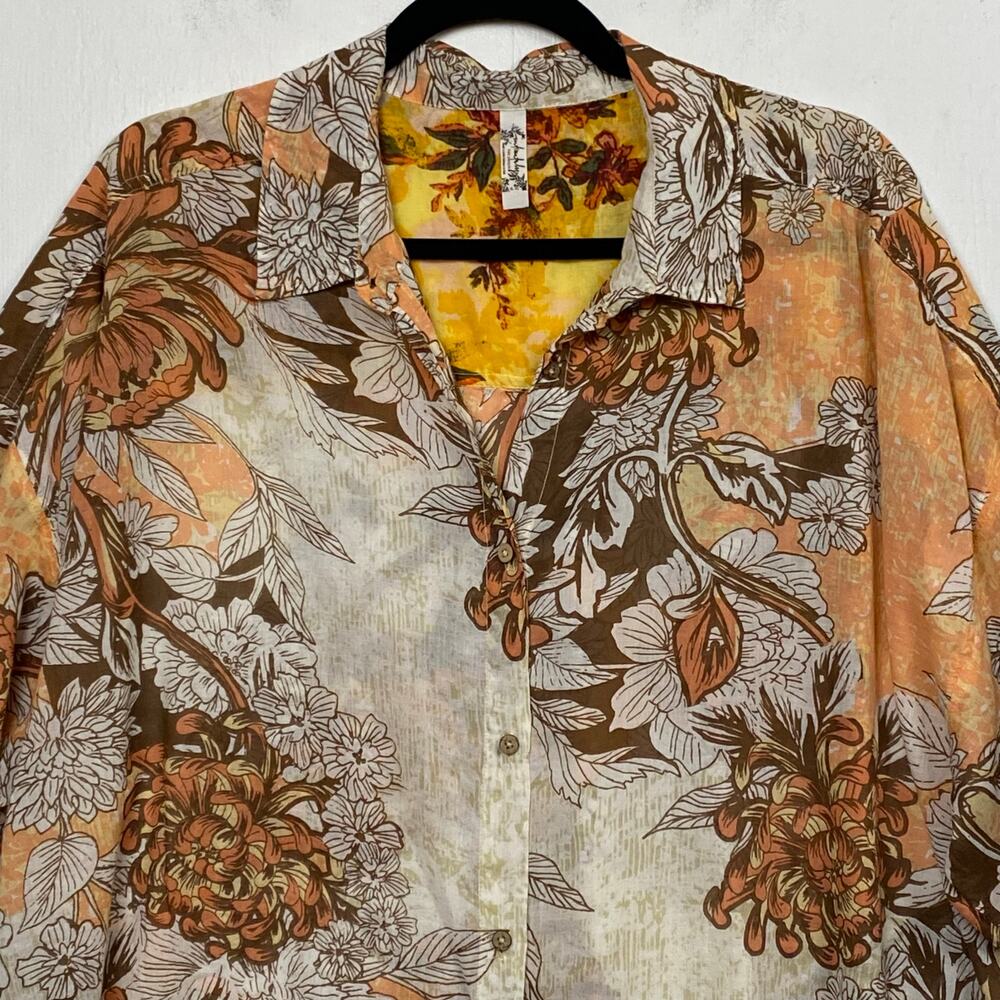 Free People Floral Button-Up Shirt in Orange, Brown, Cream - Picture 3 of 10